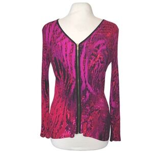 VTG Y2K Cache Fuchsia Black Abstract Ribbed Knit Slim Fit Full Zip Sweater M